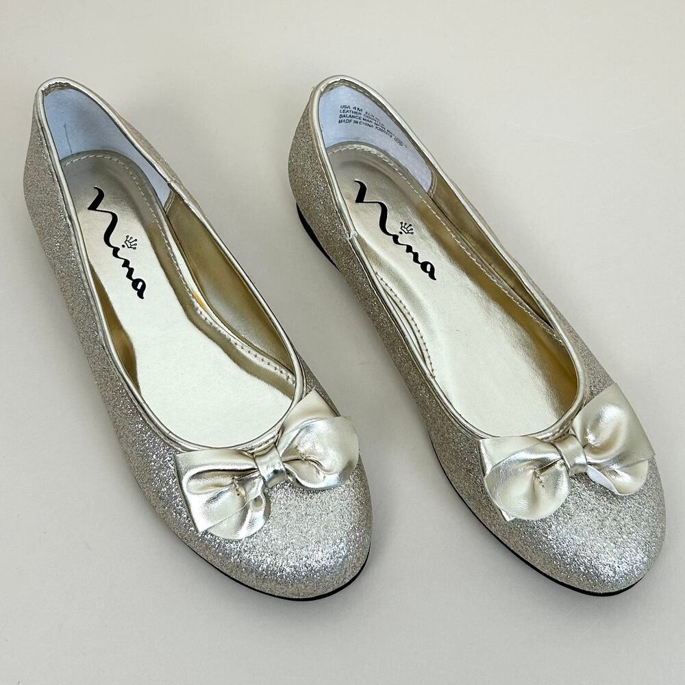 Nina Girl's Gold Metallic Leather Glitter Sparkle Bow Round Toe Flats SIZE 4